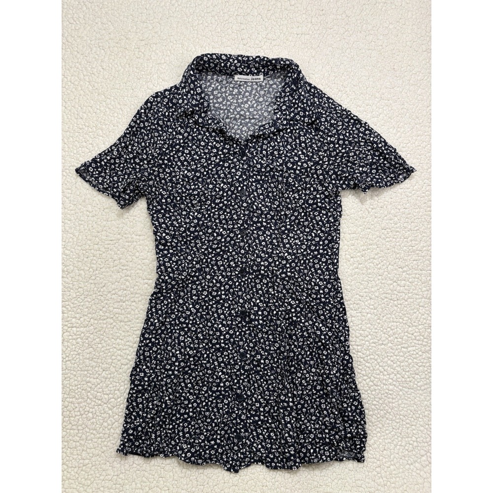 Reformation Mini Shirt Dress Size M Navy White Ditzy Floral Sustainable Button